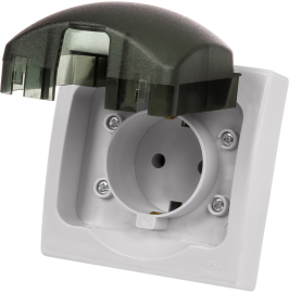 Розетка 
Вуокса,  с крышкой,  с заземлением,  одинарная,  винтовые клеммы,   цвет - серый,  пластмасса,  IP 54,  SQ1803-0108,  TDM
 - PULSAL.RU