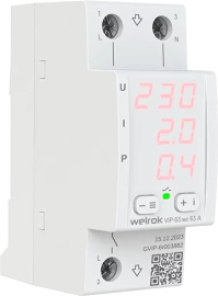 Многофункциональное реле напряжения с контролем тока 1P+N Relay welrok, 1НО, 63А, 220В AC, VIP-63 red, Welrok - PULSAL.RU