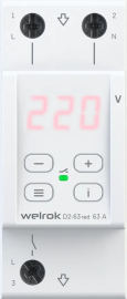 Реле контроля напряжения 1P+N с термозащитой Relay welrok, 1НО, 63А, 220В AC, D2-63 red, Welrok - PULSAL.RU