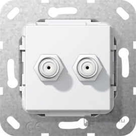 Розетка оконечная (F-разъем)
Studio,  Standard 55,  E2,  E3,  Event,  Esprit,  E22,  спутниковая (SAT),  двойная,   цвет - белый глянцевый,  пластмасса,  565103,  5651 03,  Gira
 - PULSAL.RU