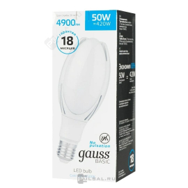 Лампа,  Basic,   цоколь - E40,   мощность - 50Вт,   световой поток - 4900Лм,   цвет свечения - 6500К,  не диммируется,  11834352,  Gauss - PULSAL.RU