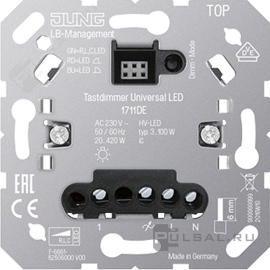 Механизм светорегулятора (диммера) 20-420 Вт/ВА, для LED 3-100 Вт
A VIVA,  A creation,  A 550,  A flow,  AS 500,  CD 500,  CD plus,  LS 990,  LS plus,  LS ZERO,  LS-design,  SL 500,  клавишный,  с возможностью управления с 2-х мест,  лампы накаливания и галогенные 220В (R),  лампы с индукционным (обмоточным) трансформ.(L),  лампы с электронным (емкостным) трансформ.(C),  диммируемые лампы LED 220В (LEDi тип L),  диммируемые лампы LED 220В (LEDi тип C),  1711DE,  1711 DE,  JUNG
 - PULSAL.RU